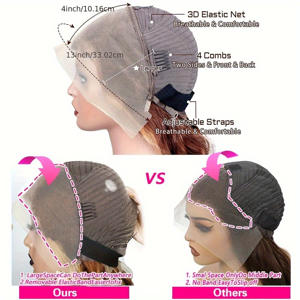 Ombre Lace Front Wig Human Hair Realistic 13x4 Frontal Pre-Plucked Body Wave 200% Density P4/27 Highlights for Women - Natural Look & Versatile Styling, Styling Versatility | Sporty Style Wig | Easy Styling Wig, Wig Accessori